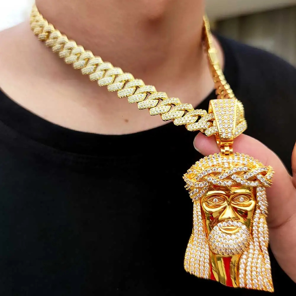 Hip hop Mens Pendant Necklace With Jesus Avatar And Sparkling Zircon Miami Cuban Necklace Tennis Chain Jewelry 260612