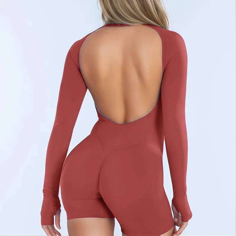 HISTELLO Long Sleeve One Piece Women Hollow Back Bodycon Slim Fit Soft Stretch Fitness Running Gym Sports Jumpsuit W260613