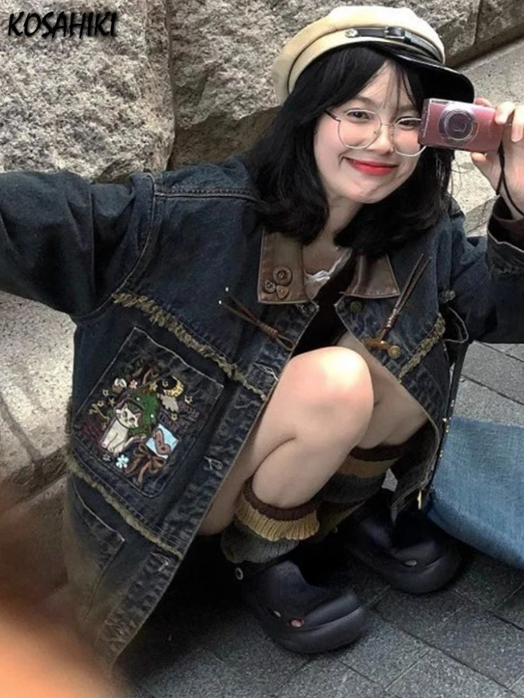 Spring Cartoon Embroidery Jean Jackets Women Zipper Y2k Aesthetic Loose Casual Tassels Coats Harajuku Single Breasted Grunge Top 260609