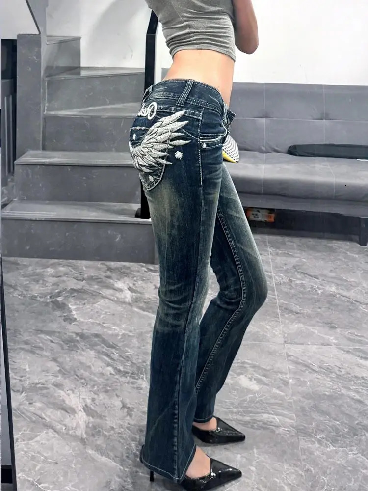American retro n wing embroidery low waist women jeans flared trousers Y2k fashion casual girl pants 260612