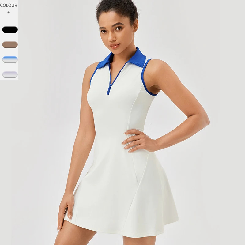 Women Summer Tennis Dress Solid Color Lapel Slim Fit Running Skirt Breathable Quick Dry Golf Dress Yoga Wear Workout Clothes 260612