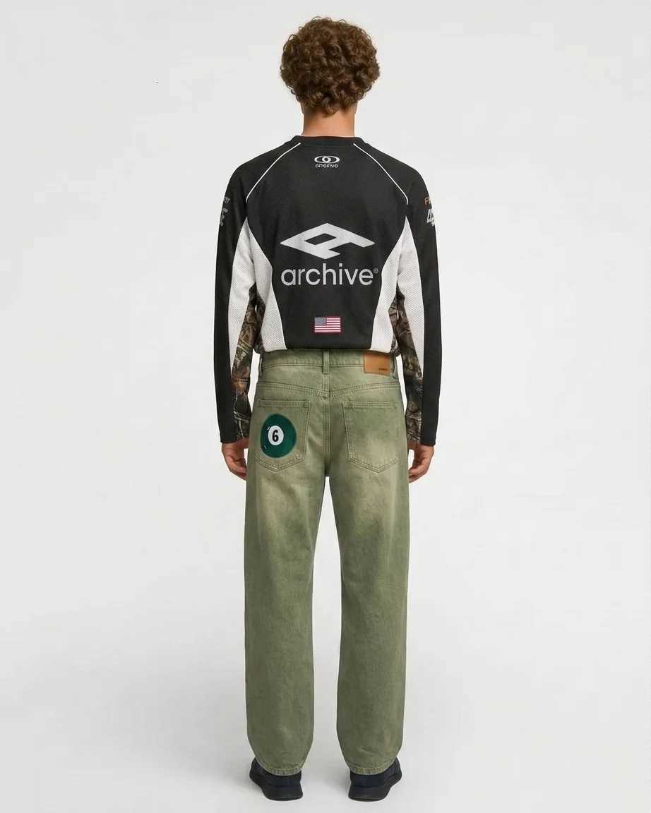 Billiard Pool Ball Graphic Baggy Jeans Vintage Olive Green Denim Pants Y2K Skater Hip Hop Streetwear Oversized Wide Leg Trousers T260410