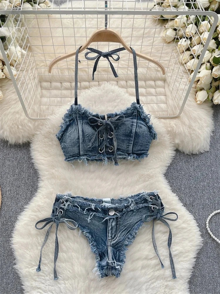 Retro Women Bikini Denim Suits Summer Halter Camis Mini Short Pant Fashion Vacation Suits Sexy Comfortable 260612