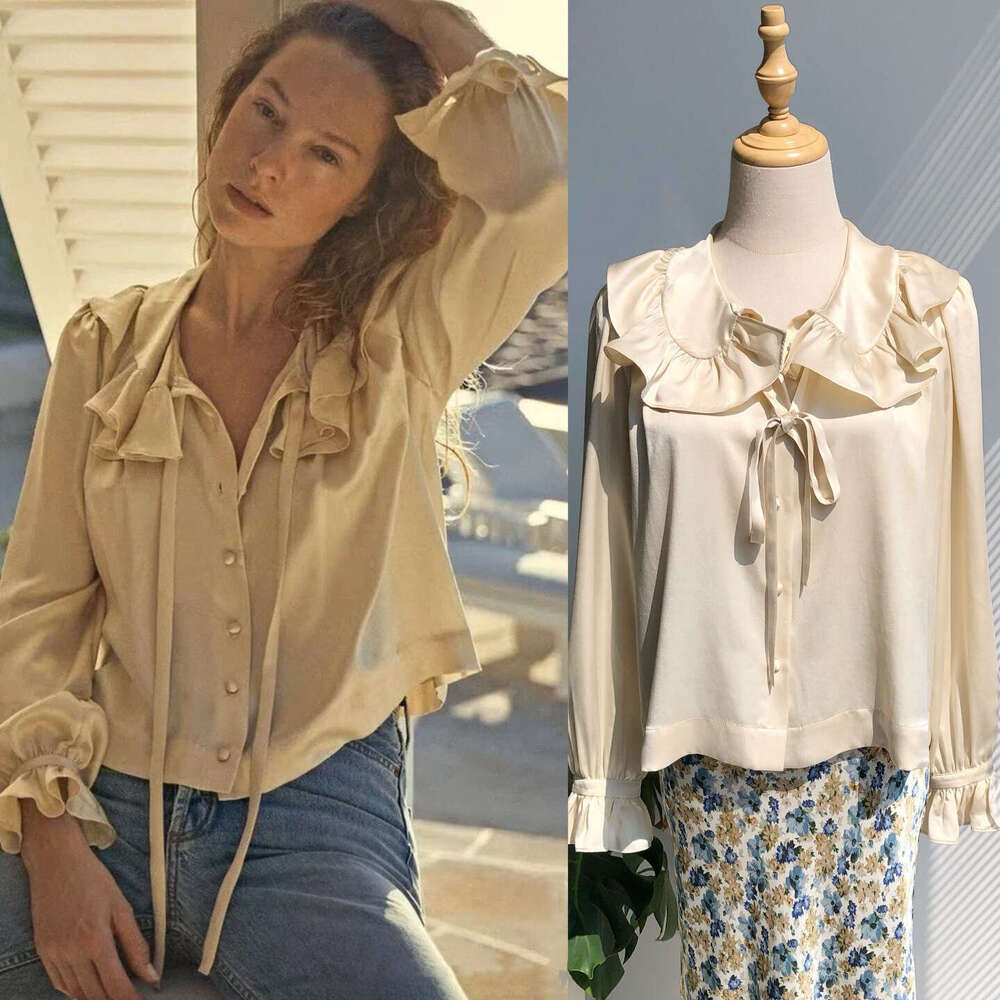 French-style light chmpgneegnt high quality nd luxurious Designer dress ruffled s silk stin long-s shirt