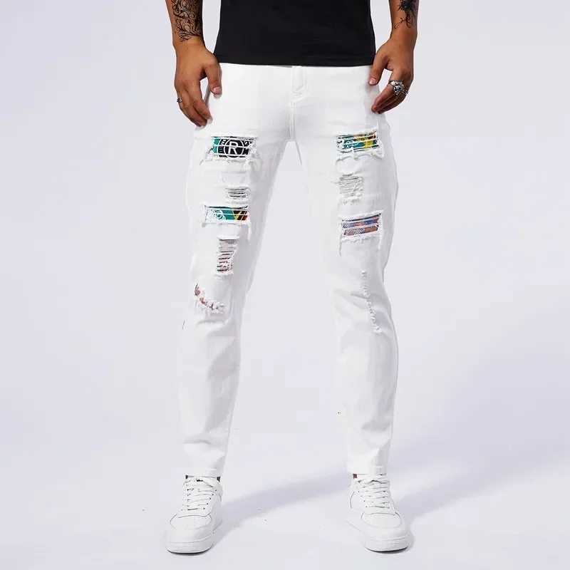 White 97 Cotton Jeans Men Clothing New Ripped Slim Patchwork Fashion Hole Skinny Elasticity Denim Trousers Male Streetwear T260410