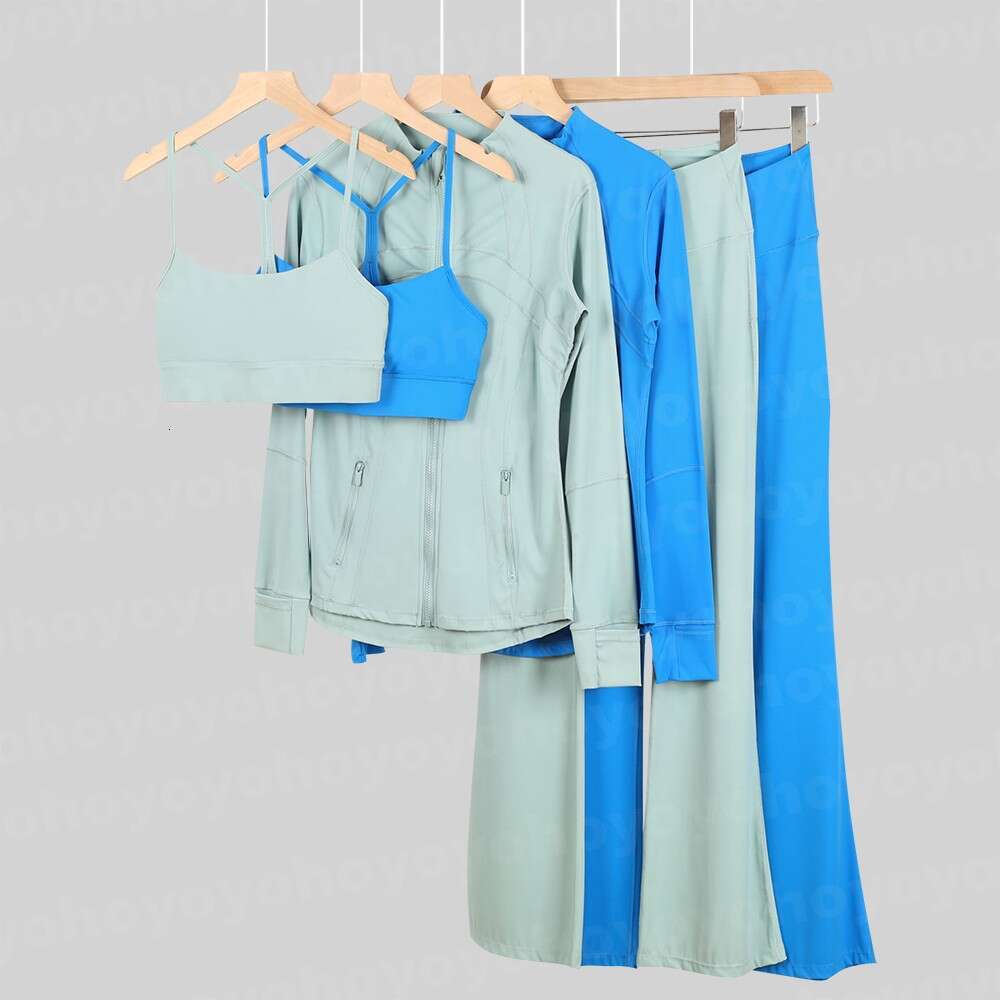 Women's Flared yoga set long clothes sleeves Jacket Outfit Solid Color Nude Sports Shaping Waist Fitness Jogging Sportswear For Lady Gym Leggin