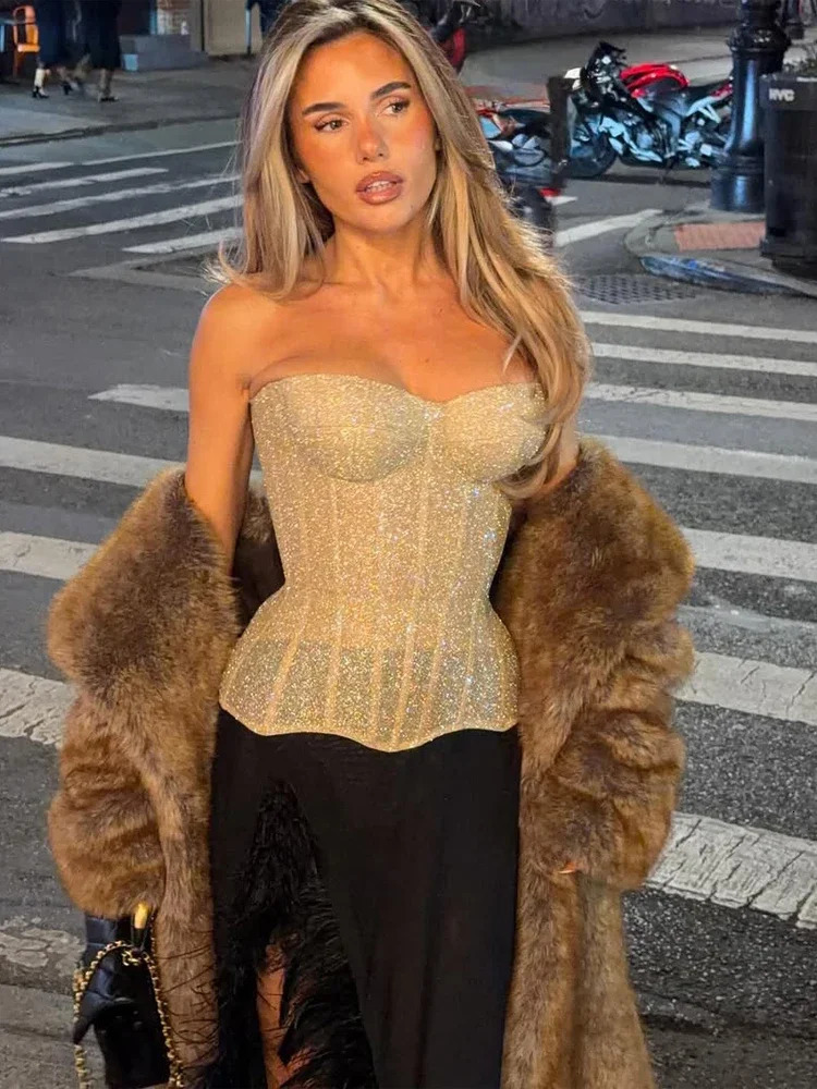 Glitter Sequins Silk Fishbone Slim Corset Womens Strapless Backless Party Club Tank Crop Top 2026 Chic Shiny Vests Strap Tops 260610