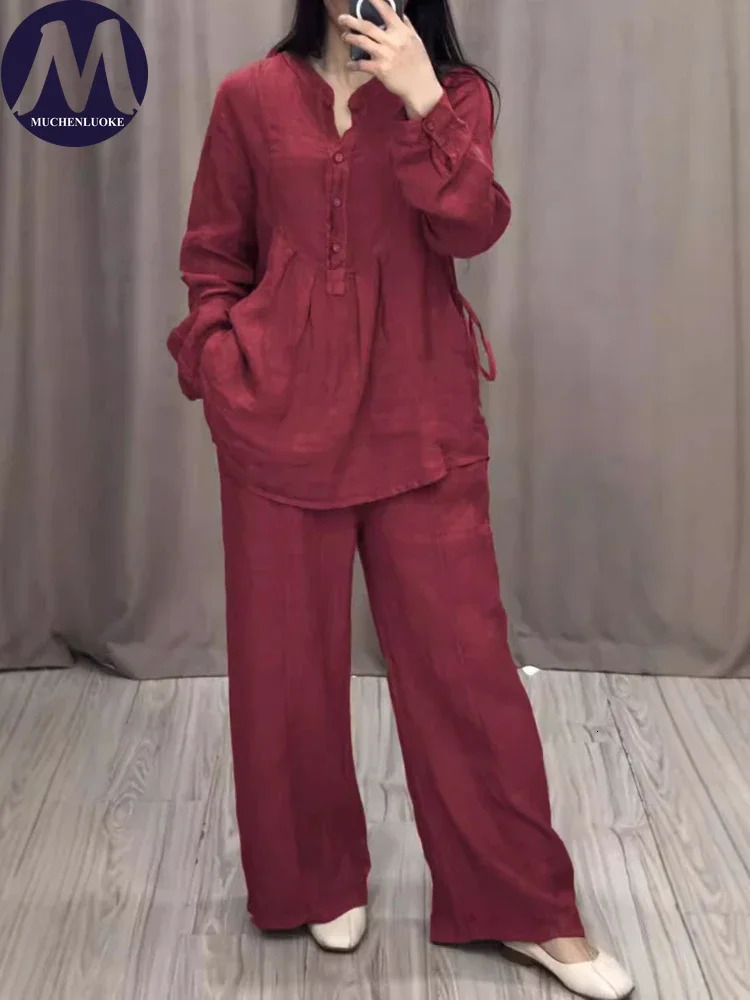 Womens Summer 2Piece Set Elegant Cotton Linen Long Sleeve HalfCardigan Top with Fashionable Casual Loose Pants 260609BANJIABANJIA