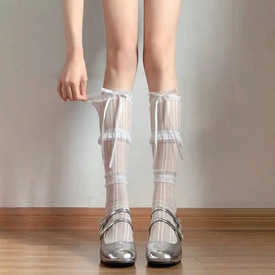 1 Pair Lace Bow Lolita Socks Summer Thin Ballet Style Mid Calf Socks Breathable Daily Wear For Women 260612