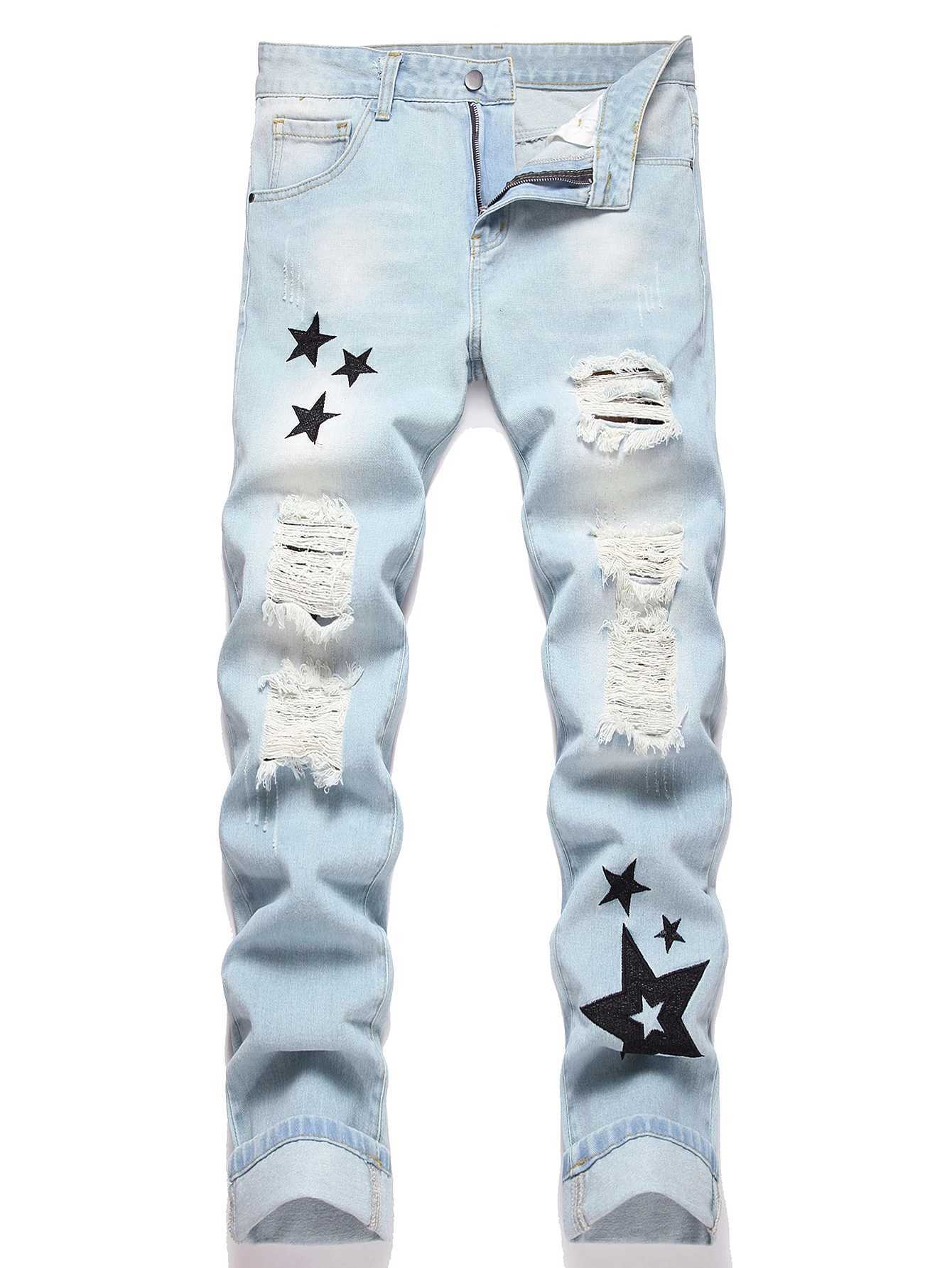 Y2K Mens Embroidered Star Blue Jeans Low Rise Straight Leg Distressed Ripped Streetwear Denim Pants Hip Hop T260410
