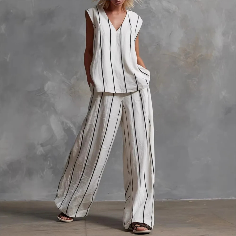 Black White Vertical Striped Loose TopWide Leg Pants Twopiece Summer Womens Cotton Linen Trousers Set 260609