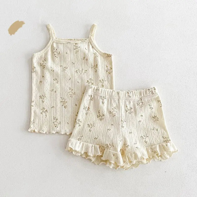 Summer Korean Version Floral Cotton Breathable Home Clothes Air Conditioning Clothes Two-piece Set Girls Camisole Shorts 260612