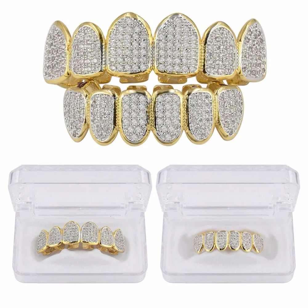 Mens Hip Hop Fang Top Bottom teeth Grillzs Set Gold Silver Color Micro Pave White CZ Rhinestone Bling Iced Out Rapper Jewelry 260611