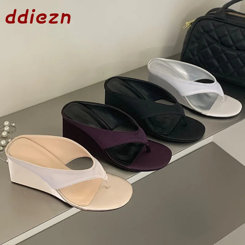 Fashion Silk Wedges Summer Beach Flip Flops For Women Heels Shoes Round Toe Female Slides Sandals Ladies Slippers Shoes 260613