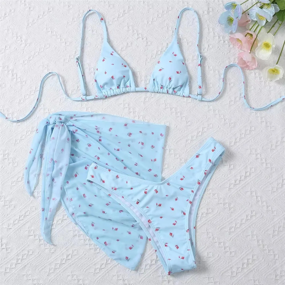 Sexy Blue Floral Print Holiday Swimwear String Triangle 3 Piece Bikini Set Sexy Swimsuit Women Biquinis 2026 Bikinis De Mujer 260612