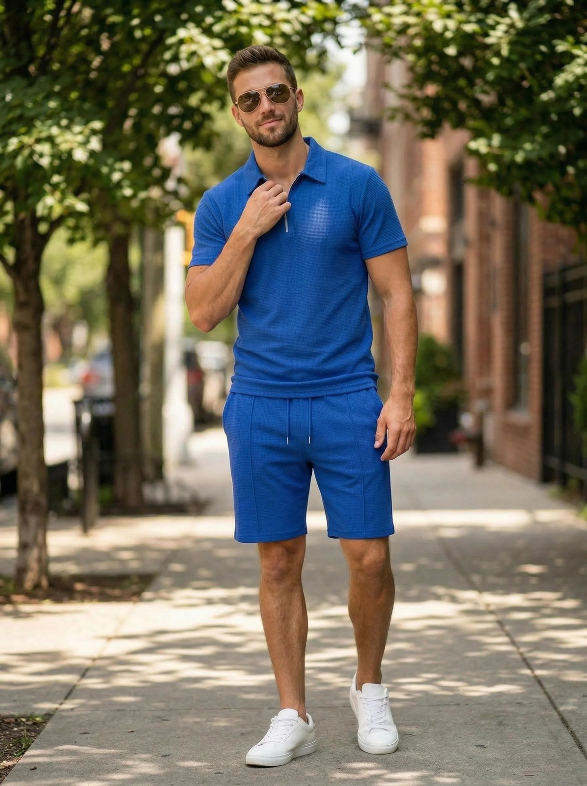 Mens TwoPiece Waffle Knit Polo Shirt Set Collared ShortSleeve Zipper and Shorts Casual Summer Sportswear