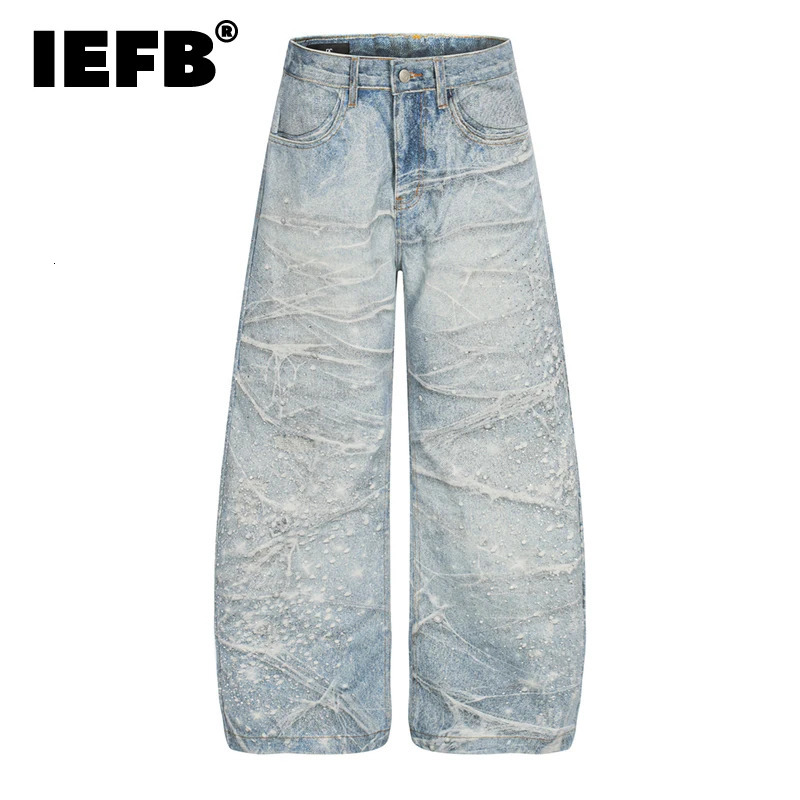 IEFB Printed Heat-melting Rhinestone Ink Splash Starlight Mens Jeans Blue American Style Streetwear Denim Scimitar Pants 9X2351 260610