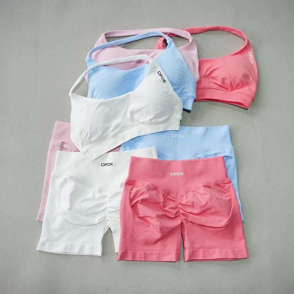 DFDK Women's Fashion 2 Piece Set Lace Up Sports Bra Seamless Shorts Leggings Yoga Gym Fitness Running Tracksuit W260613