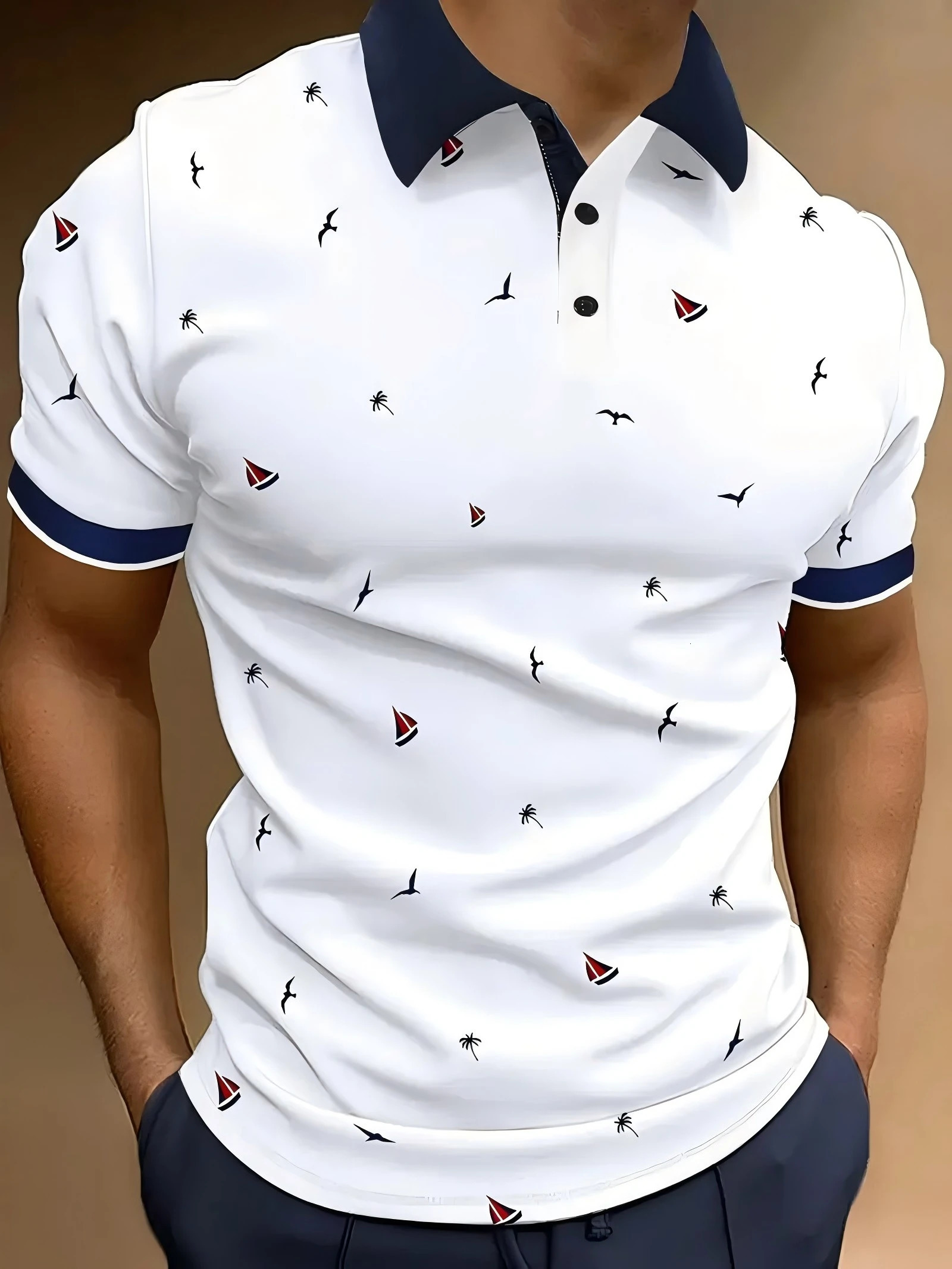 Summer mens contrasting short sleeved polo shirt casual and simple Tshirt fashionable sailing printed thin spo 260613