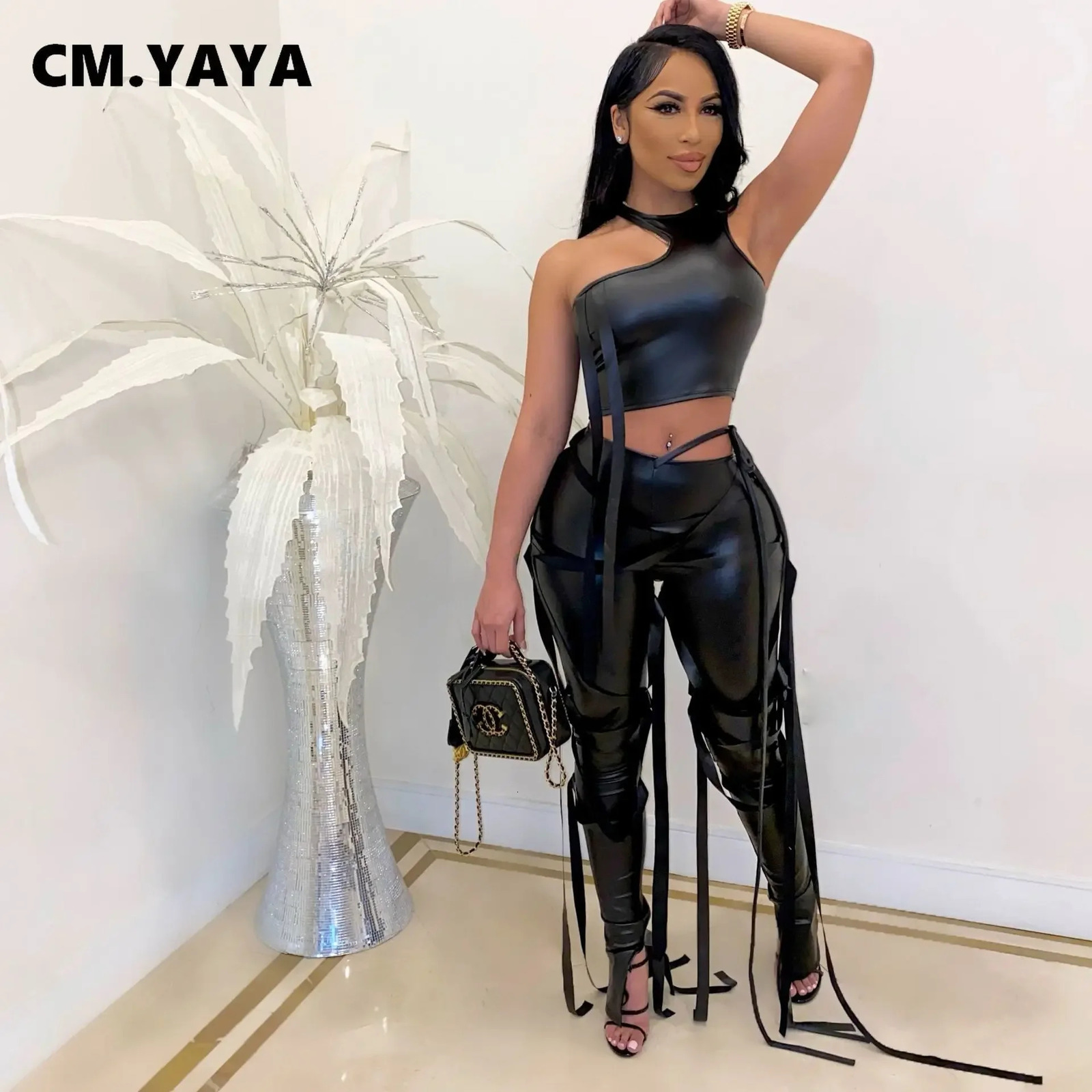 CMYAYA Faux Leather Womens Set Drawstring Lace Up Slit Leggings Pants Suit and Crop Top Street Tracksuit Two Piece Outfit 260609BANJIABANJIA