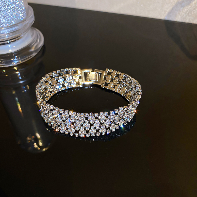 Sparkling Wide Zircon Inlaid Bangle Luxury Hip Hop Designer Bangle Exaggerated Niche Unique Versatile Trendy Women Daily Wear European American Ins