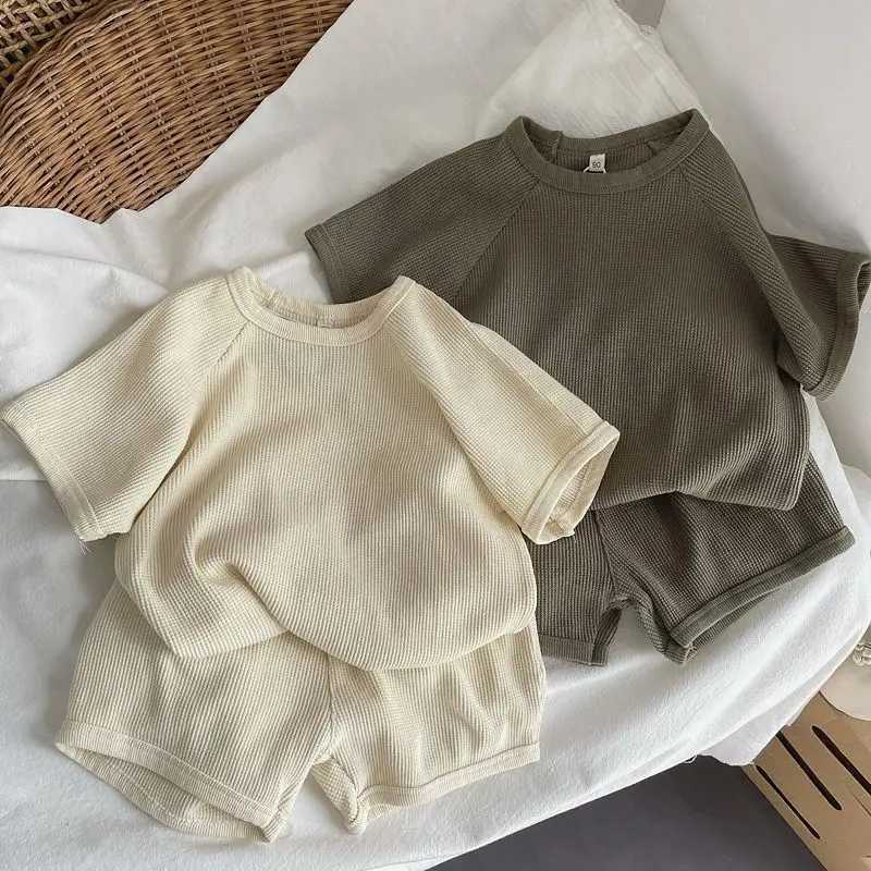 2026 Summer 1-6Y Childrens Set Waffle-patterned T-shirt and Shorts 2PCS Girls Set Scandi Style Boys SuitT260613