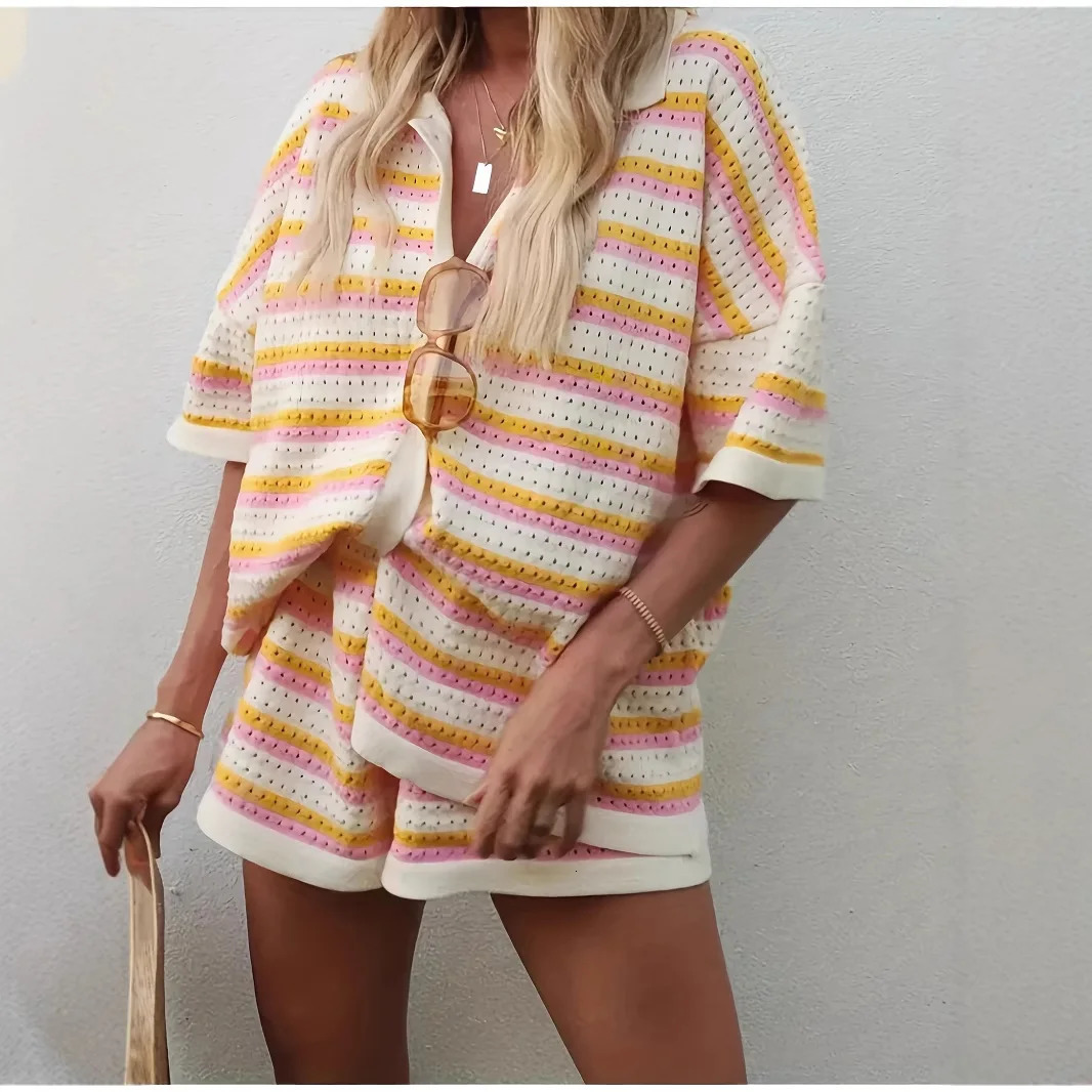 Womens Summer Loose Collared Hollow Fashion Striped Single Breasted T-shirt Shorts Set Vacation Two-piece Set 260611