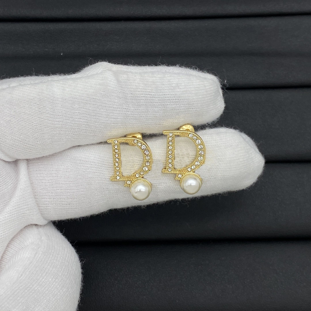 Luxery Brand New Hollow Letter D Cubic Zirconia Stud Earrings 18K Gold Plated Pearl Drop Earrings Vintage Luxury Elegant Women Daily Party Jewelry G