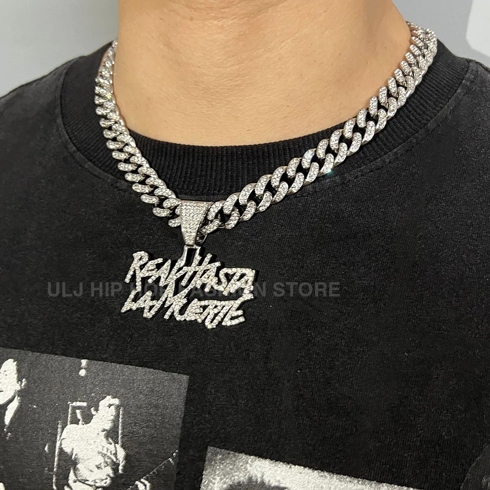 ULJ Men Women Hip Hop hasta lamuerte Letter Pendant Necklace 12MM Cuban chain Iced out Bling Hiphop Fashion Charm Jewelry 260612