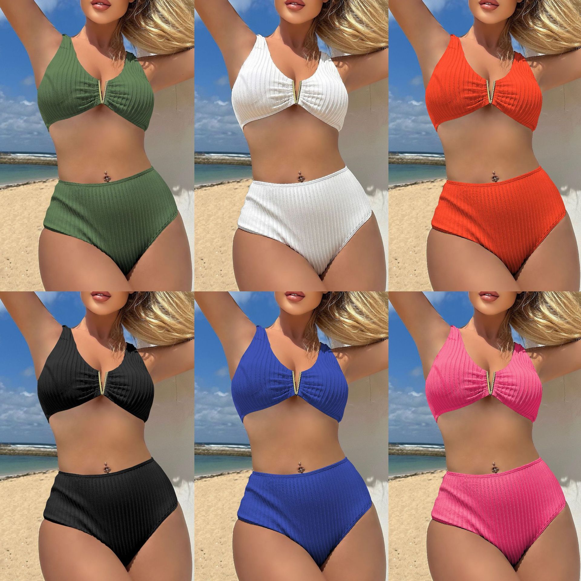 Free shipping 2026 New Style Solid Color Sexy Special Fabric High-Waisted Two-Piece Swimsuit