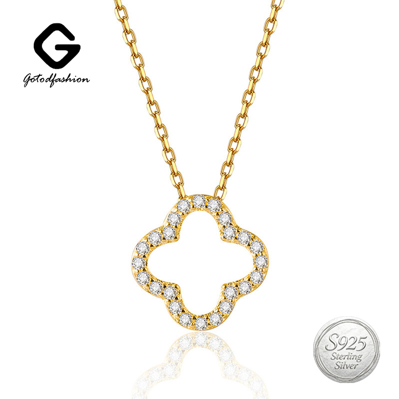 Classic 925 Sterling Silver Hollow CZ Adjustable Chain 18K Gold Rhodium Plated Lucky Zircon Four Leaf Clover Pendant Necklace for Women Designer Fin