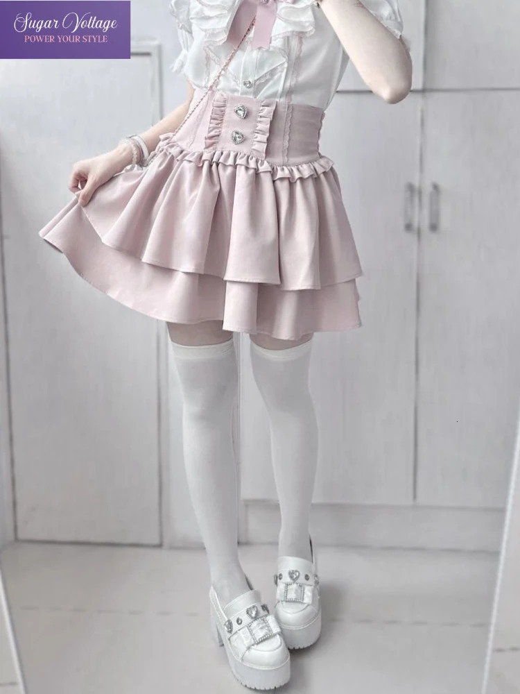 Japanese Cute Sweet Y2k Lolita Cake Skirt Women Hight Waist Rhinestone Plaid Ruffled Layered Skirts Kawaii A-Line Mini Skirts 260609