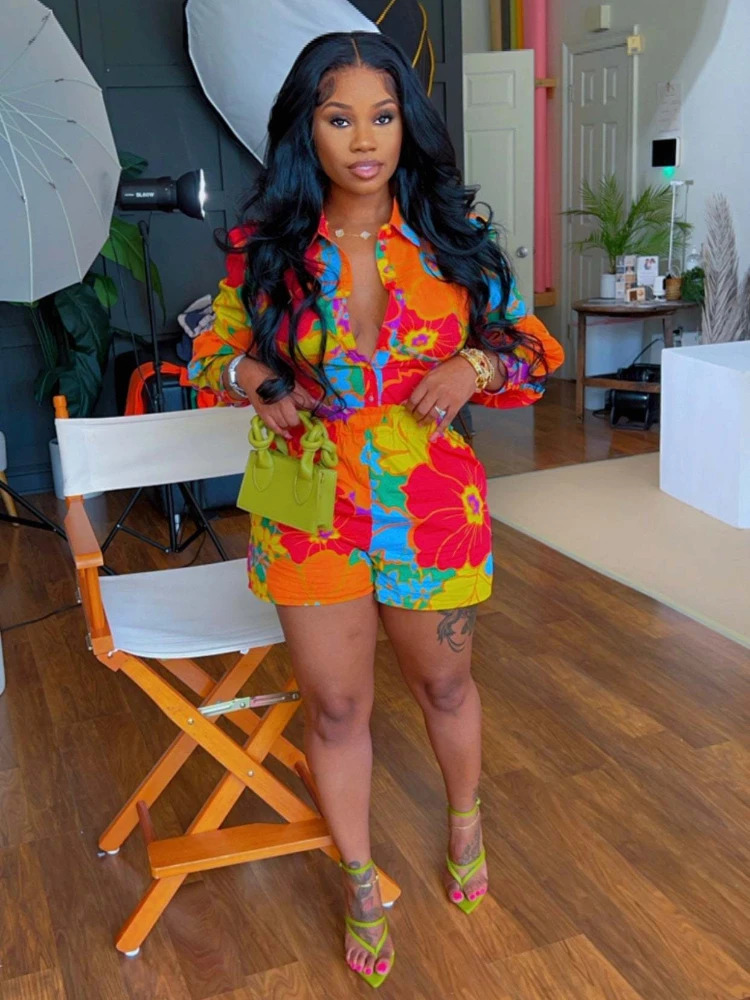 Leosoxs Womens Set Full Sleeve Floral Print Shirt and Pencil Shorts Suit Summer Street Two 2 Piece Set Outfit Tracksuit 260612