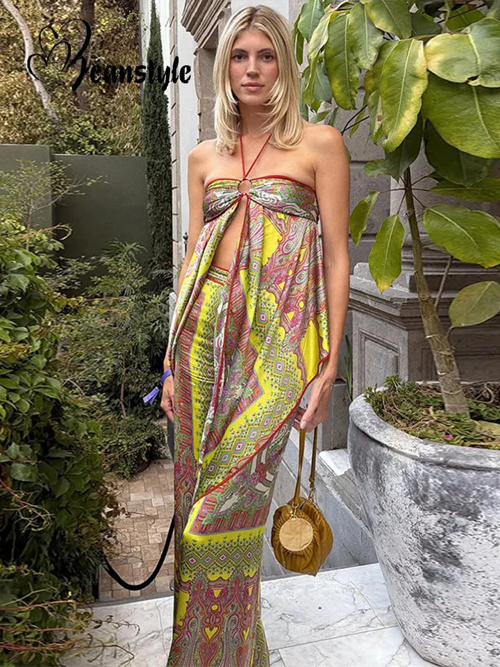 French Holiday Printed Womens Trouser Suit Sleeveless Split Tube Top High Waist Wide Leg Pants 2026 Summer Chic Lady Outfits 260613