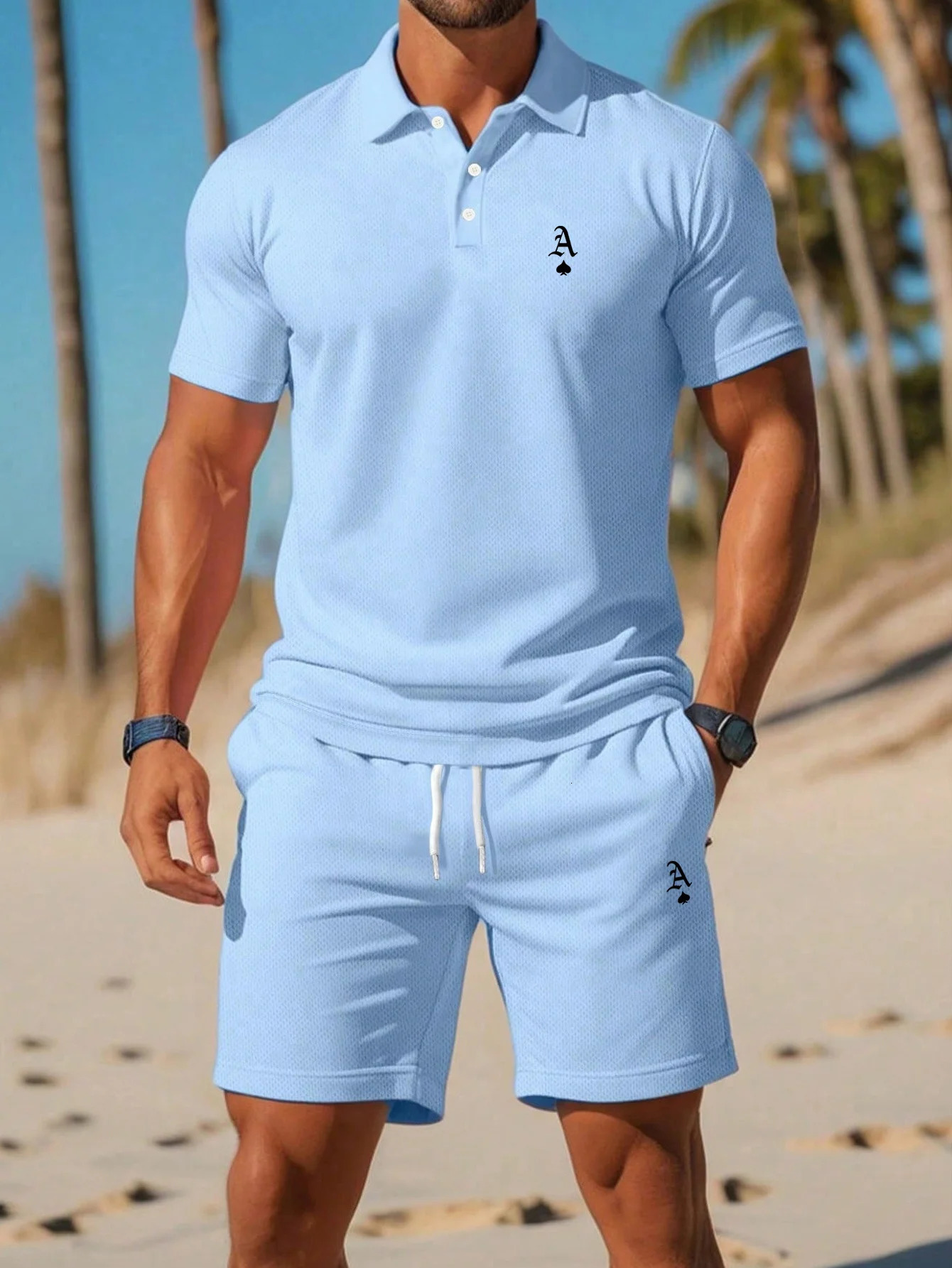 2026 Mens Summer SolidColor ButtonDown ShortSleeve Shirt and Shorts Set Minimalist Printed Polo Casual