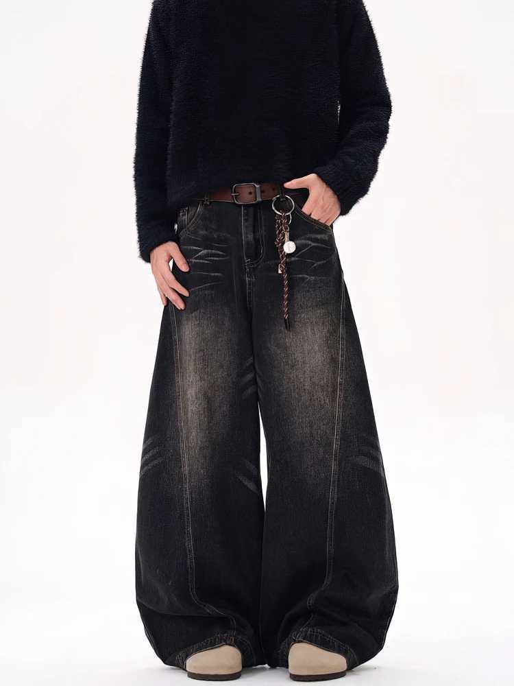 Pantaloni jeans larghi lavati neri vintage da uomo pantaloni a lama curva a gamba larga streetwear pantaloni dritti in denim casual da cowboy T26041
