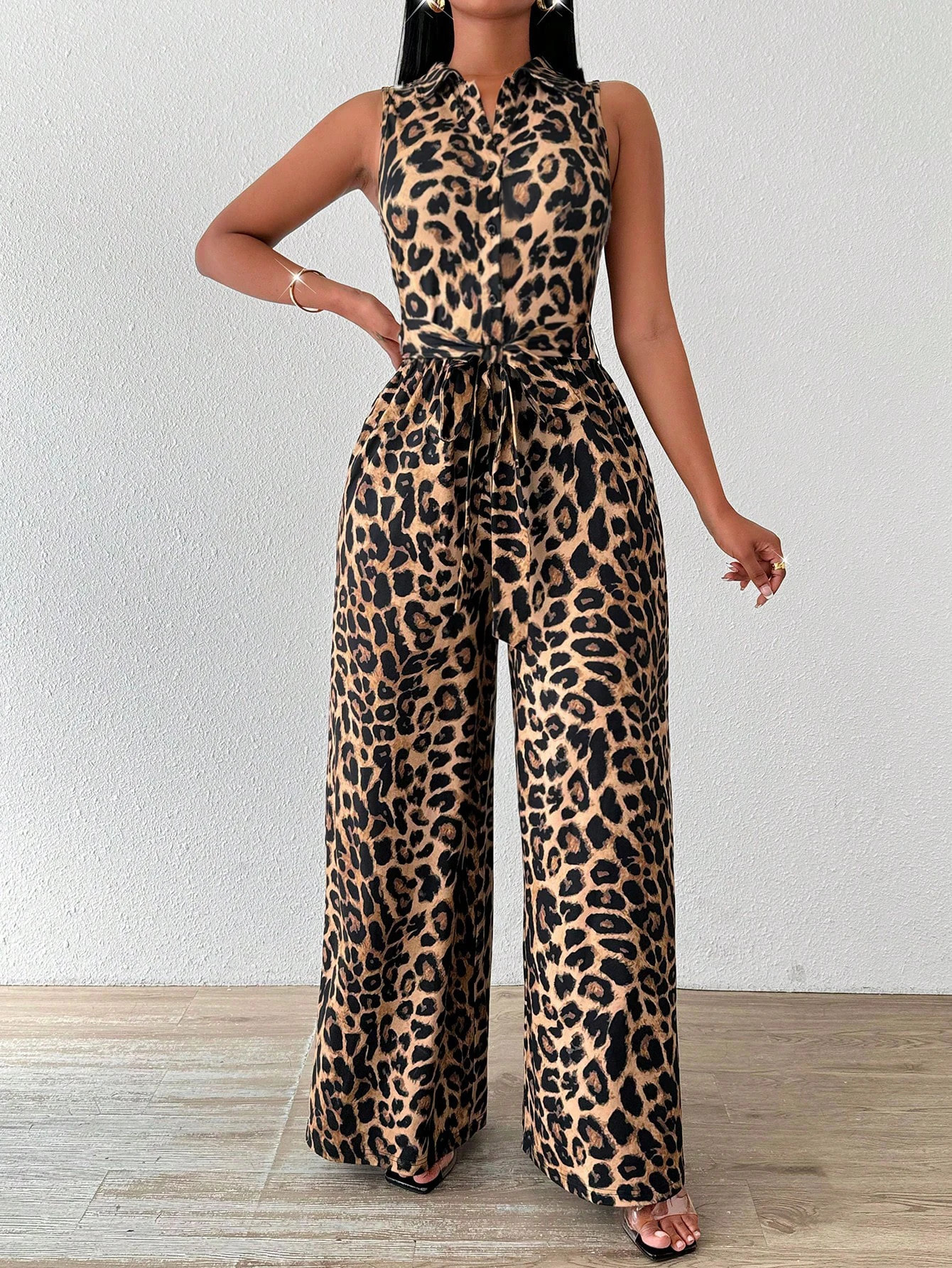 Womens Leopard Print Sleeveless Jumpsuit Collared Button Front Tie Waist Wide Leg Spring Summer Fashion Casual Daily 260609BANJIA