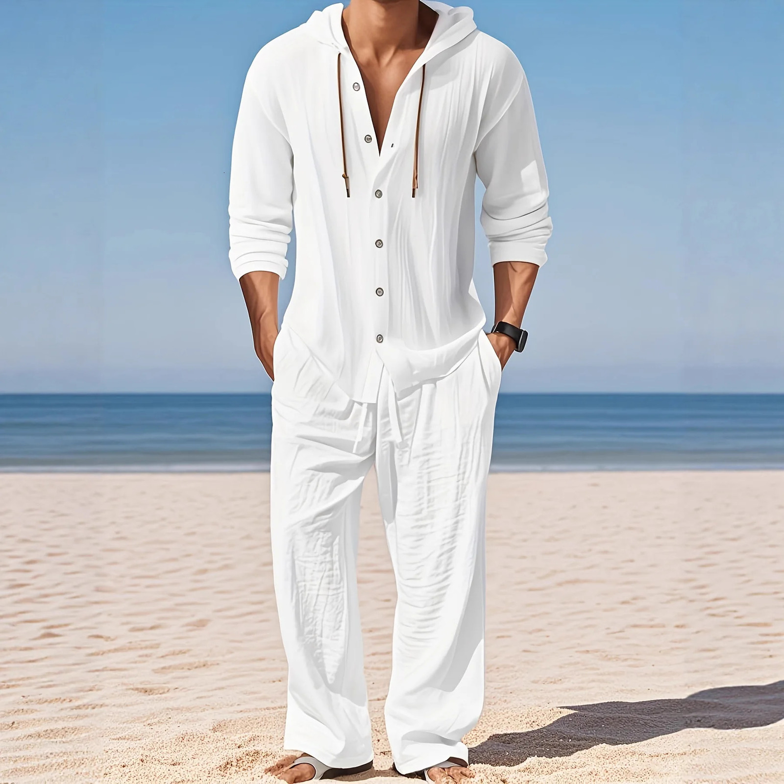 Mens Linen Long-Sleeved Shirt And Pants Set Breathable Outdoor Leisure Hiking Beach Sports Clothing for Spring Summer Autumn 260608