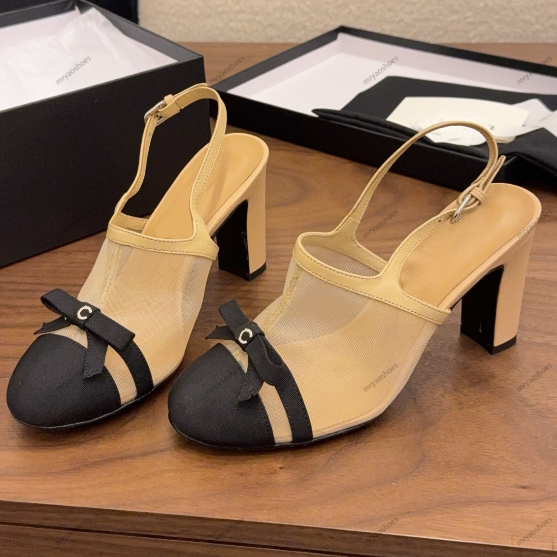 Slingback Heels Designer Women Sandals Mesh upper Classic Patchwork Round-toed Chunky Heel Genuine Leather Luxury Party Elegant height shoes Size 34