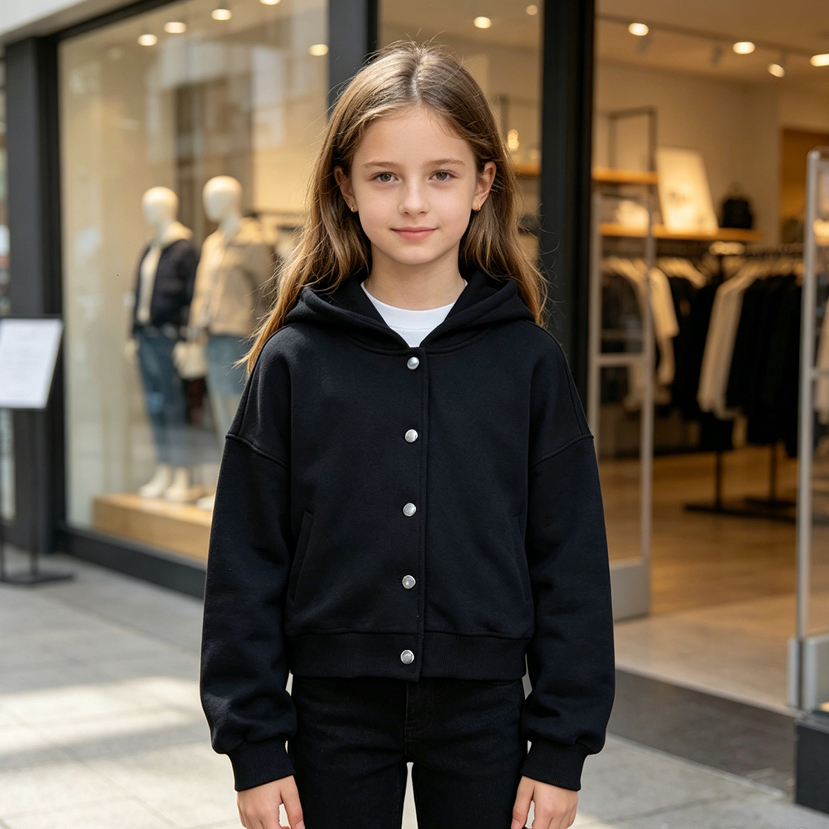 Kids Solid Black Button Down Hooded Sweatshirt Jacket Boys Girls Loose Cropped Hoodie Coat Casual Outerwear Children Hooded Cardigan