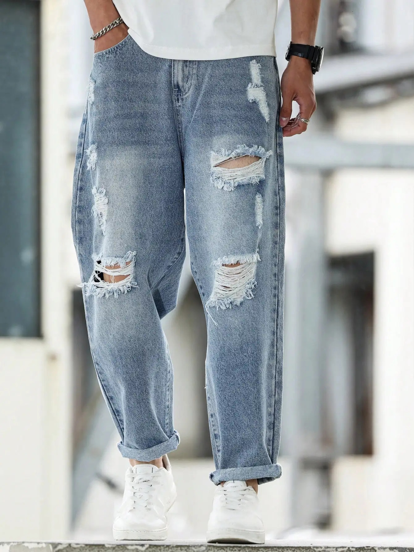 Mens Blue Ripped Denim Harem Pants for Spring and Autumn Street Fashion Casual Trend 260608