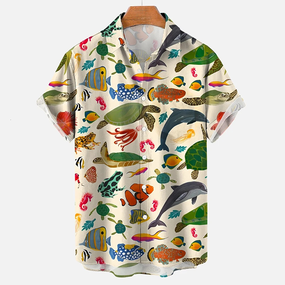 Fashionable summer turtle print shirts Hawaiian button Mens beach short sleeved Casual lapel 260611