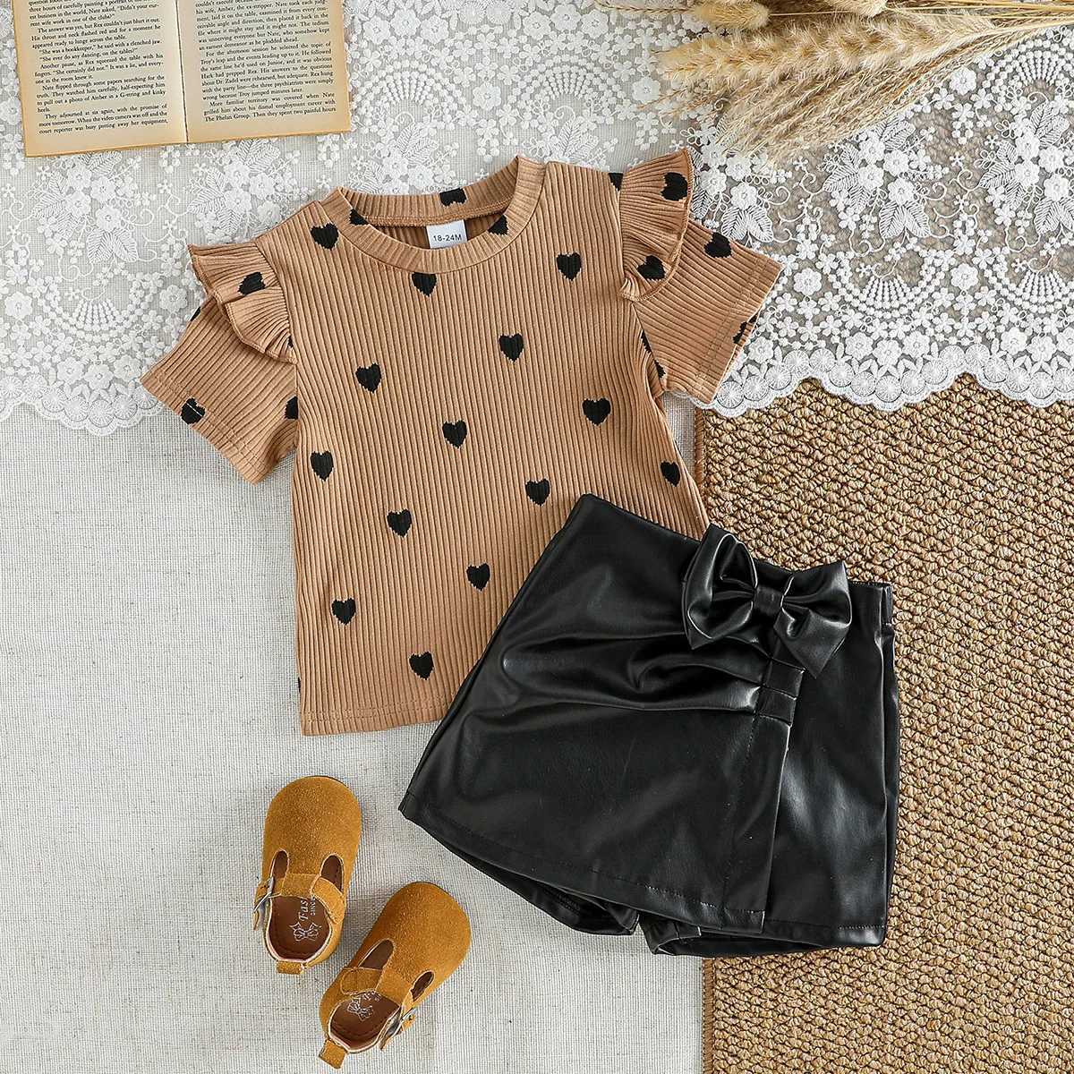 Chiikdren Summer New style Kids girl Heart print Short-sleeve bow-decorated black Pants Fashion two-piece set For 1-6YT260613