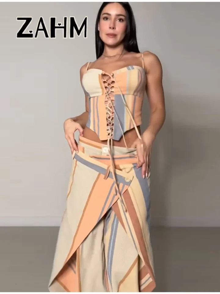 Sexy Print Vest Pant Set Beach Patchwork Slash Neck Lace Up Top Pleated Trousers 2026 Summer Holidays Lady Outfit 260609