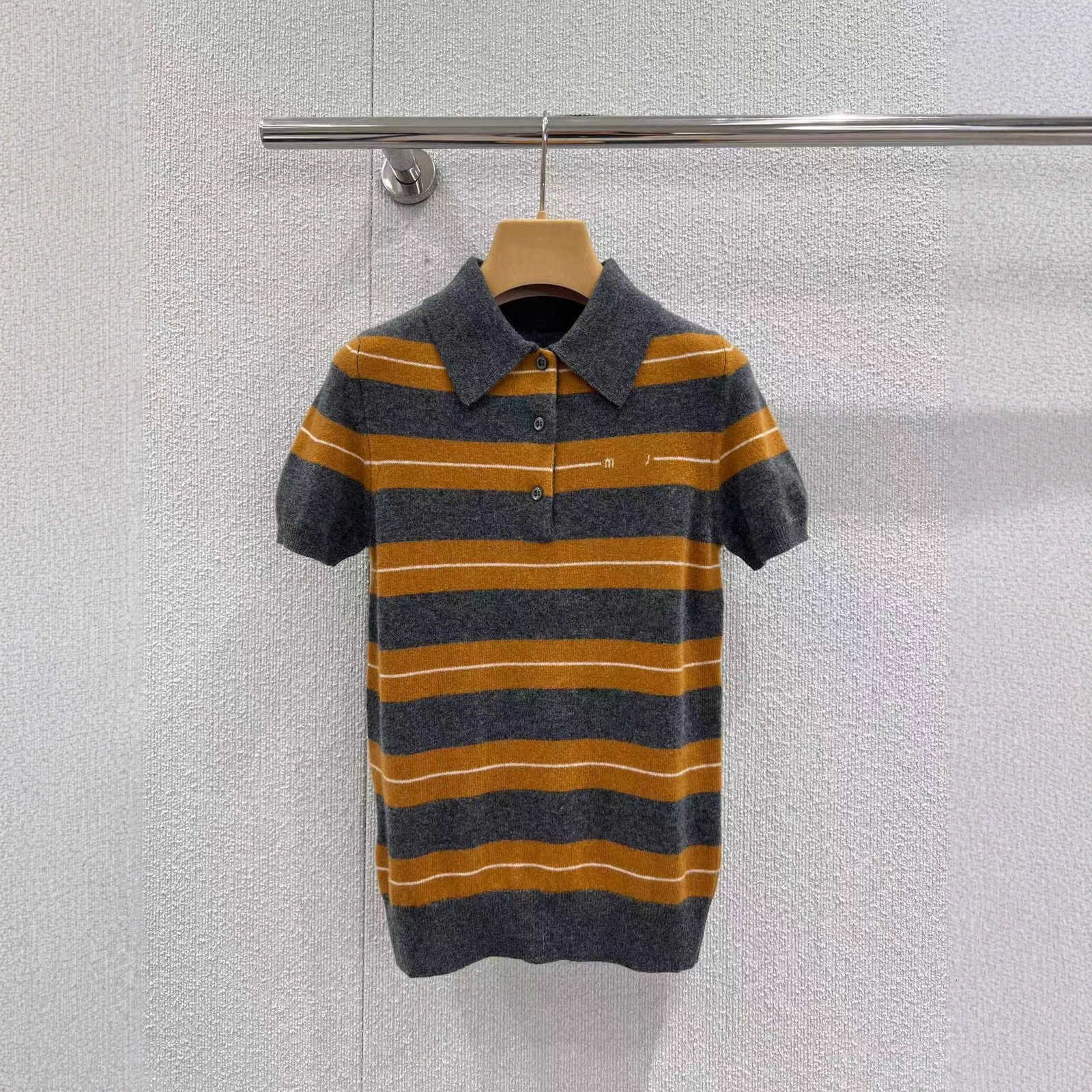 Designer Women's Knits & Tees 26 new striped knit sweater with short sleeves, turn-down collar, letter jacquard, color-blocking, thin summer st