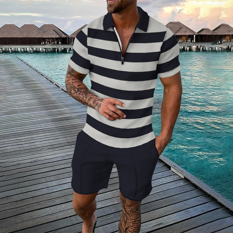 Funny 3D Stripe Print Mens Sets Casual Short Sleeve Polo Shirts Shorts 2 Piece Outfit Fashion Zip Tops Summer Street Loose Suit