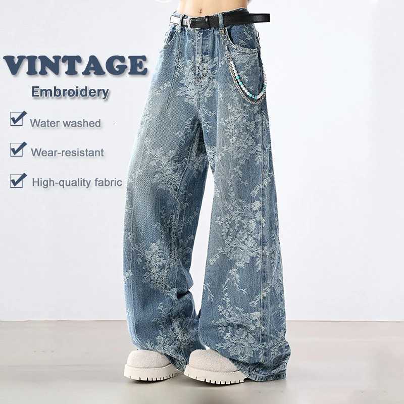 Embroidered Jeans Autumn Winter New Styles Loose Wide Leg Trousers Retro Straight Wear Resistant Water Wash Floor Length Pants T260410