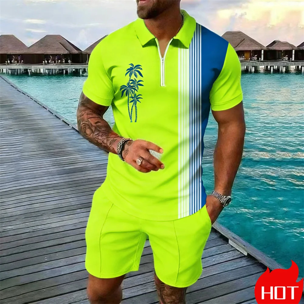 Fashion y Mens Sets Casual Zip Short Sleeve Polo Shirts Shorts 2 Piece Outfit Men Sports Clothing Summer sports zipper set