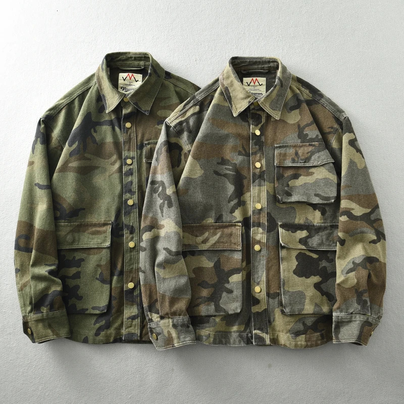Autumn and winter mens American nostalgic washed cargo jacket heavy casual multi-pocket camouflage lapel mountain coat men 260612