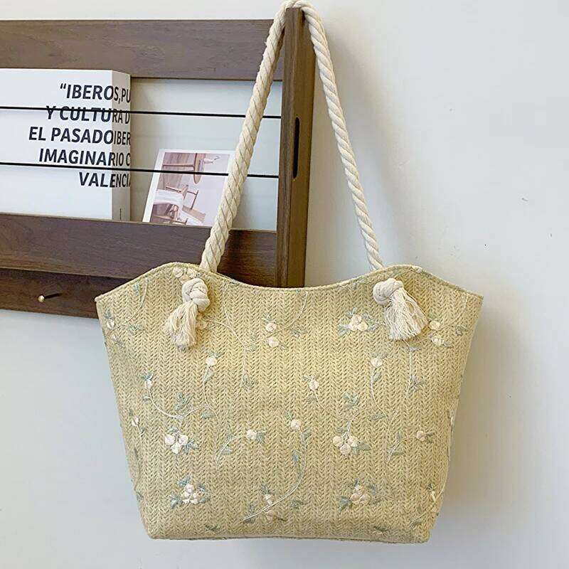 Spring Styles Beach Straw Woven Women ToteBag Flower Embroidery Shoulder Bag Large Capacity Handbag for Summer Daily use
